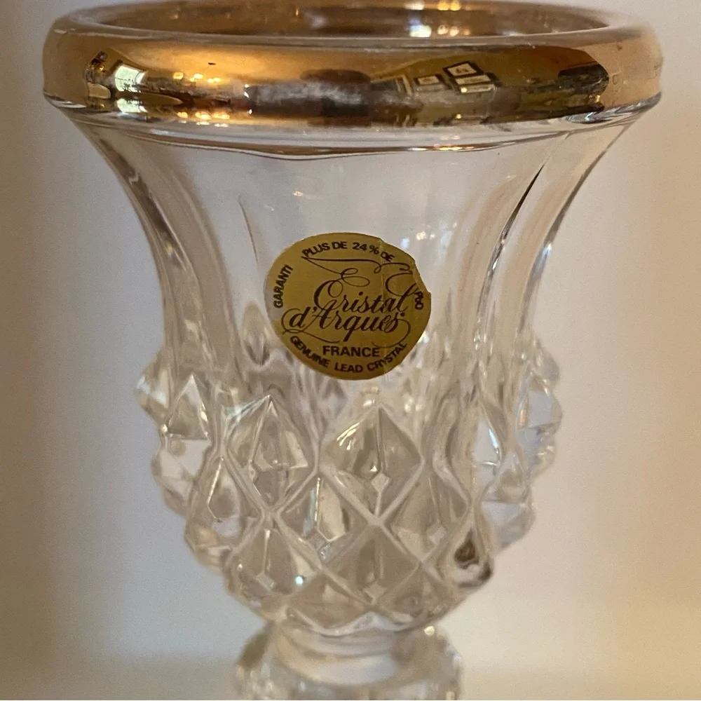 Cristal D’Arque France Cut Crystal Candle Holder W/ Gold Trim 6.5” Elegant EUC